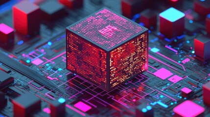 Poster - A vibrant, illuminated microchip on a circuit board, showcasing technology and innovation.