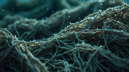 Hyperrealistic Close-Up of Fishing Nets, Documentary Style Photography with Heavy Grain, Dark Tones, and Super Detailed Texture