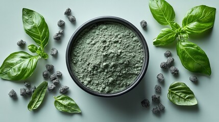 Wall Mural - Green Herbal Powder with Basil and Volcanic Rocks: Natural Ingredients