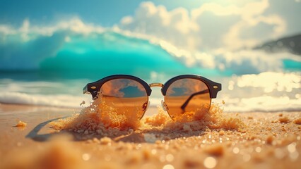 Close-up of Sunglasses on Sandy Beach with Ocean Waves in Background - Summer Vacation Vibes