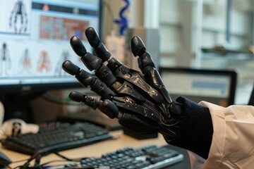 Poster - a person with a robotic hand positioned in front of a computer, showcasing advanced technology and h
