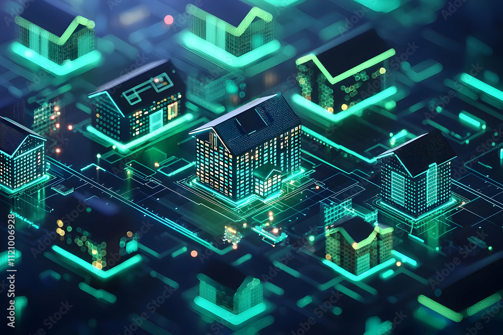 Innovative 3D illustration of real estate tokenization, showing ...