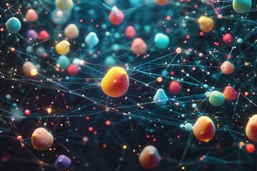 Poster - Abstract colorful spheres connected by glowing lines. Ideal for technology, networking, or connectivity concepts.