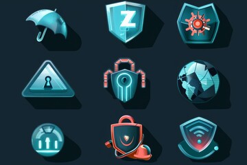 Poster - A collection of diverse security icons, including locks, shields, and alarms, representing various aspects of safety and protection. Icons representing different types of cybersecurity threats .