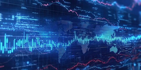 Poster - abstract digital background with market charts and data visualizations featuring global map and stoc