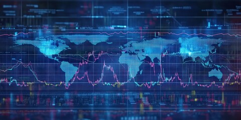 Poster - digital background featuring stock market charts with global map visualization for financial data an