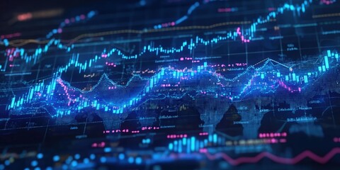 Poster - digital stock market background featuring financial charts and data in a modern style with vibrant c