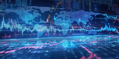 Poster - abstract digital background featuring stock market charts with global map visualization and data ana