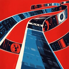 Poster - Creative Journey Through Vibrant Layers of Film Winding Against a Bold Red Backdrop in an Abstract Artistic Representation of Storytelling