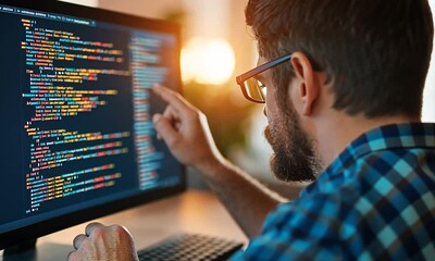 A programmer coding on a computer screen with colorful syntax.