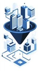 Poster - Urban Landscape of the Future Showcasing a Digital Vortex Connecting Smart Buildings and Data Networks in a Vibrant Monochromatic Blue Palette