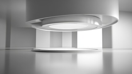 Poster - Floating Circular Structure Illuminated Softly in a Minimalist Interior Showcasing Futuristic Design Elements During Bright Daylight