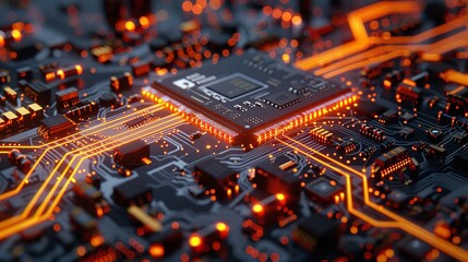 Poster - Complex electronic circuit board with glowing orange lights, representing the power of technology and innovation.