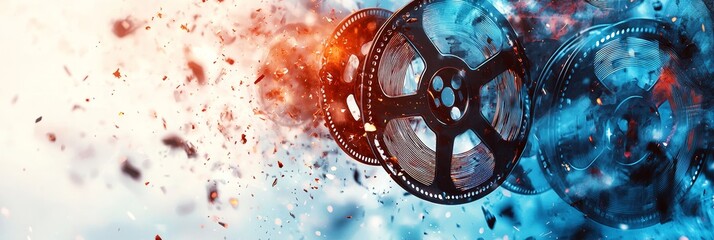 Poster - Creative Explosion of Cinematic Reels With Vibrant Colors Swirling Through the Air During a Digital Art Display at a Modern Gallery Event