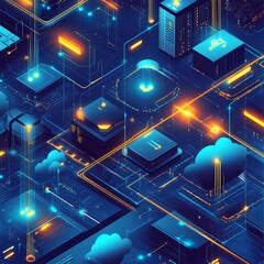 Poster - Futuristic Cityscape With Vibrant Neon Lights Illuminating Interconnected Buildings and Clouds During a Digital Twilight Evening