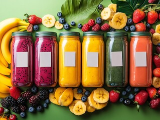 Wall Mural - Colorful jars of smoothie blends surrounded by fresh fruits on a vibrant green background, showcasing healthy ingredients and vibrant colors.