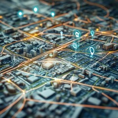 Poster - Exploring a Vibrant Urban Landscape With Dynamic Pathways and Glowing Navigation Markers at Twilight