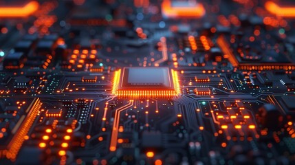 Poster - Complex electronic circuit board with glowing orange lights, representing the power of technology and innovation.