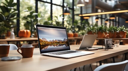 Poster - Two laptops on a wooden table in a modern office space with large windows and plants.
