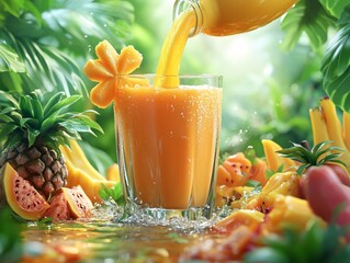 Wall Mural - A vibrant glass of tropical juice is being poured amidst a lush, fruity background, showcasing a splash of freshness and color.