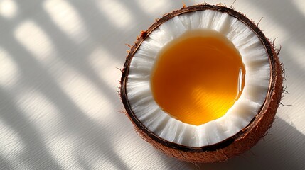 Canvas Print - Golden Coconut Oil in a Fresh Coconut Shell, Illuminated by Sunlight