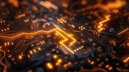 Poster - Complex electronic circuit board with glowing orange lights, representing the power of technology and innovation.