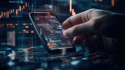 Poster - Hand Holding Smartphone Displaying Stock Market Trends with Data Visualization in a Dark Environment Highlighted by Financial Graphs and Market Indicators