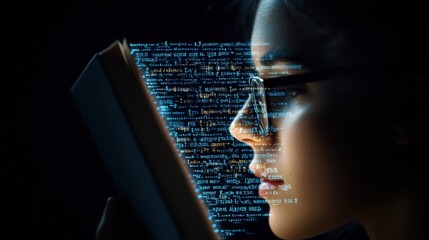 Poster - Young Woman Reading a Book with Overlay of Computer Code Illustrating Knowledge and Technology Integration in Modern Learning Environments