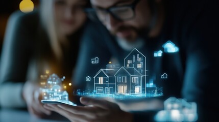 Poster - Young couple exploring digital real estate options using augmented reality on a smartphone, with 3D home models projected in front of them at night
