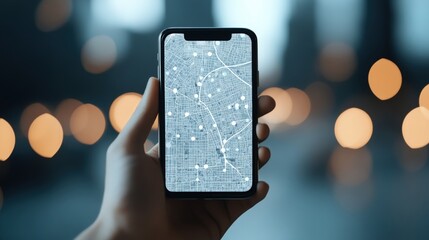 Aufkleber - Hand Holding Smartphone Displaying Map with Geolocation Markers in Urban Environment with Soft Bokeh Background Lights and Modern City Feel