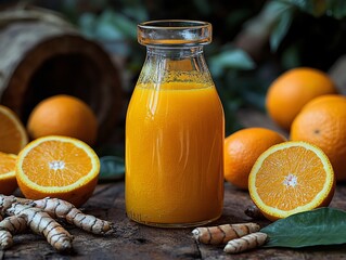 Wall Mural - A vibrant, fresh bottle of orange juice surrounded by whole and sliced oranges, with turmeric roots and green leaves on a rustic wooden surface.