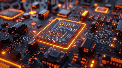 Poster - Complex electronic circuit board with glowing orange lights, representing the power of technology and innovation.