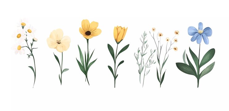Set of wildflowers on a white background, vector illustration, pastel colors, flat design, cute style, vintage, minimalistic design, simple details, delicate details