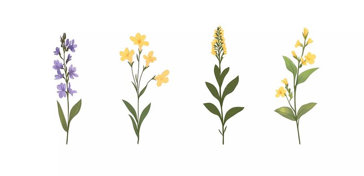 Set of wildflowers on a white background, vector illustration, pastel colors, flat design, cute style, vintage, minimalistic design, simple details, delicate details