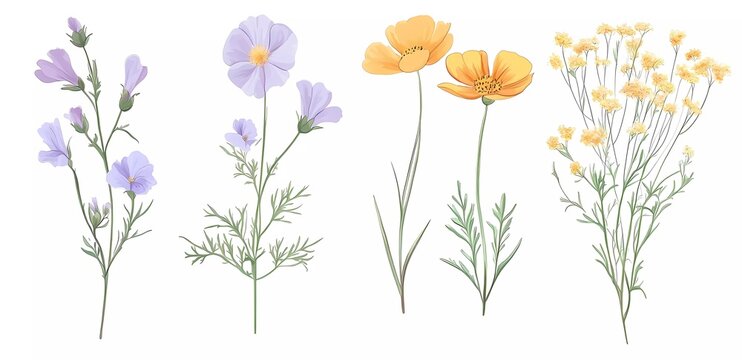 vector set of wildflowers, pastel colors, white background, simple design, flat vector illustration