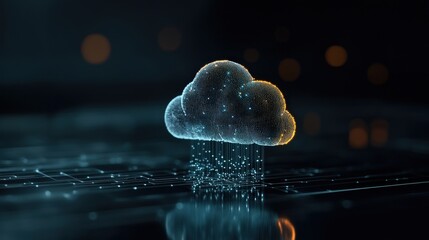 Poster - Digital Cloud Technology with Particles and Light Reflections on Circuit Board in Modern Data Storage Context for Illustrating Cloud Computing Concepts