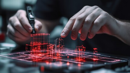 Poster - Futuristic Architecture Concept with Hands Designing Digital Structures Using Red Lights and Holographic Technology in a High-Tech Environment
