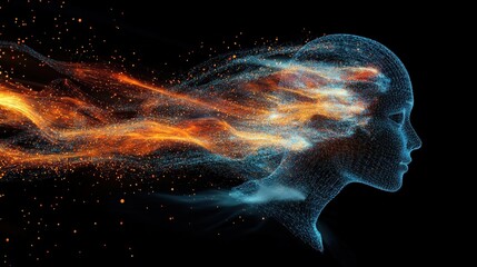 Poster - Abstract representation of a human profile with flowing energy and particles symbolizing creativity, imagination, and the power of thoughts in a digital art form