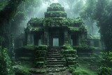 Ancient temple overgrown with moss in a misty jungle setting.