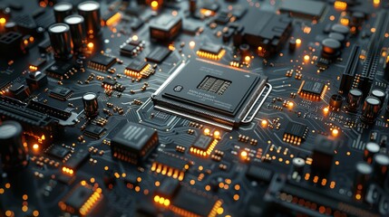 Poster - Complex electronic circuit board with glowing orange lights, representing the power of technology and innovation.