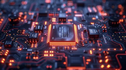 Poster - Complex electronic circuit board with glowing orange lights, representing the power of technology and innovation.