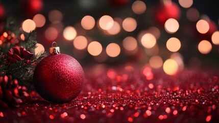 Wall Mural - Festive christmas red background with glittering bokeh lights, abstract holiday design for new year and valentine celebrations, defocused sparkling vintage glow.


