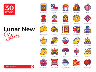  Set of 30 Lunar New Year Icons, Including Chinese Calligraphy, Dragon Boat, Dumplings, and More – Vector Illustrations