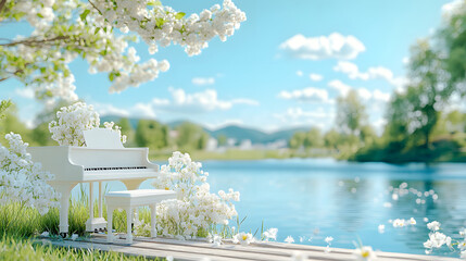 Poster - A serene lakeside scene featuring a white piano adorned with flowers, surrounded by lush greenery and a clear blue sky