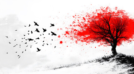 Poster - A striking artwork featuring a vivid red tree dispersing into birds against a minimalistic white background, symbolizing freedom and transformation