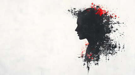 Poster - A creative silhouette of a woman's profile against a textured white background, merging artistic splashes of black and red
