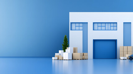 Poster - A modern warehouse with blue walls, featuring stacked boxes, a small tree, and a blue garage door, set against a clean, minimalist background