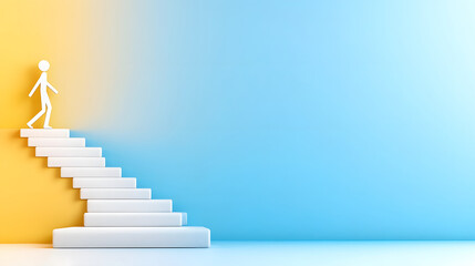 Poster - A minimalistic representation of a figure walking up white stairs against a gradient backdrop of yellow and blue, symbolizing progress and aspiration