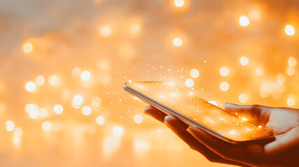 Aufkleber - A glowing smartphone held in a hand, surrounded by warm, shimmering lights, creating a magical and vibrant atmosphere