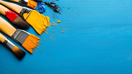 Poster - A colorful arrangement of paintbrushes with vibrant paint splatters on a blue surface, ideal for creative projects and artistic endeavors